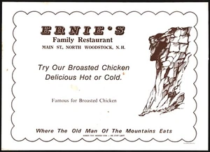 Vintage placemat ERNIES FAMILY RESTAURANT Famous Chicken Woodstock New Hampshire - Picture 1 of 2