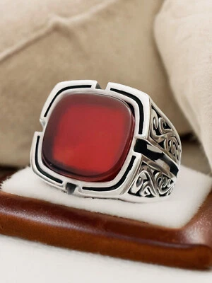 Solid 925 Sterling Silver square deign Ring With Natural Red Agate ring #2 - Image 1 of 4