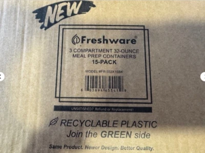 15-Pack Freshware 3-Compartment Meal Prep Containers, 32oz, BPA-Free, Plastic - Image 1 of 2