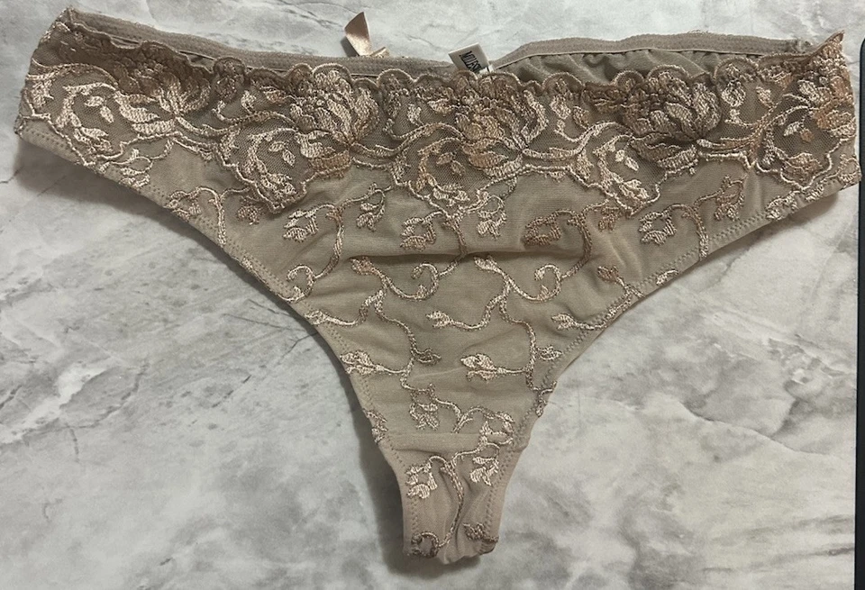 NWOT Millesia Mesh Embroidered Thong Size 2 - Taupe Color - Floral - Image 1 of 4