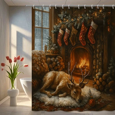 Cortina de Ducha de Navidad con Diseño Rústico de Ciervo y Chimenea Foto 1 de 4