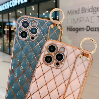 Cute Gold Trimmed Quilt Wrist Strap Electroplated Phone Case for iPhone  - Image 1 of 4