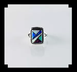 Anello artigianale in sterling e opalite intarsiata misure 9 1/2 e 10 1/4 - Foto 1 di 7
