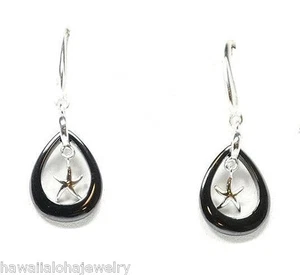 TEARDROP BLACK CERAMIC RHODIUM OVER 925 SILVER HAWAIIAN STARFISH HOOK EARRINGS - Picture 1 of 1