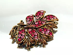 Vintage Brooch Gold Metal Pink Crystals Leaf Twig Design - Picture 1 of 9