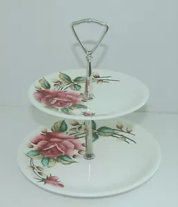 VINTAGE ZWEISTUFIGES SERVIERTABLETT ERHABEN ROSA BLUMEN DESIGN HERGESTELLT IN JAPAN - Bild 1 von 9