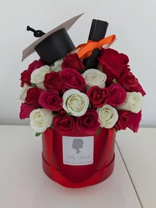 Hat Box Graduation Red/Cream Silk Flowers - Gift Hamper - Picture 1 of 2