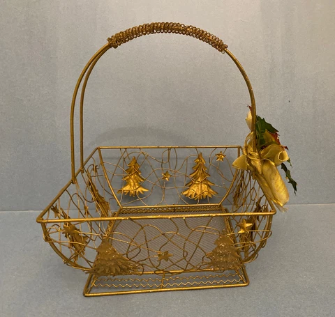 Gold Metal Wire Basket w/Christmas Trees & Mistletoe, 12”T x 9.5”W Cover