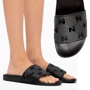 GUCCI SHOES GG RHOMBI LOGO CUT-OUT BLACK RUBBER FLAT SLIDE SANDALS sz 39 9 - Picture 1 of 16