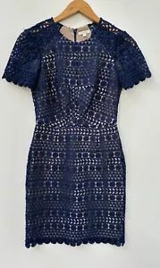 Shoshanna Lace Dress 0 Navy Blue Beige A Line Short Sleeve - Picture 1 of 5