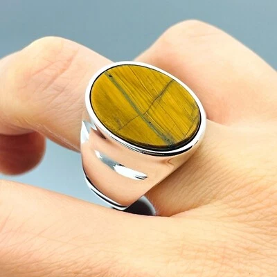 Piedra de ojo de tigre marrón para hombre de plata de ley 925 hecha a mano piedra simulada Foto 1 de 4