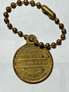Vintage EXXON TRAVEL CLUB Keychain Brass OIL & GAS Drop In Mailbox HOUSTON TEXAS - Picture 1 of 2