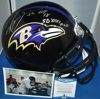 RAY LEWIS SIGNED CUSTOM FACE MASK F/S HELMET BALTIMORE RAVENS SB MVP HOF BECKETT - Image 1 of 4