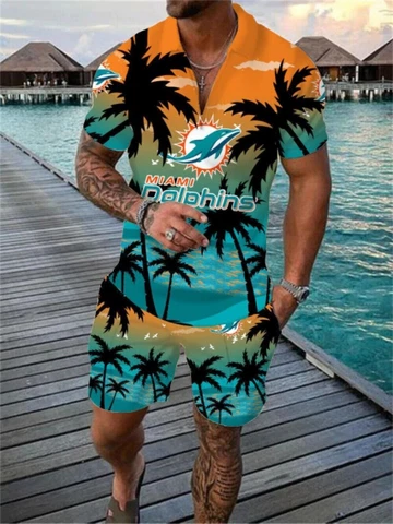 Miami Dolphins Tracksuit 2 Piece Zip-up T-Shirts Causal Shorts Trunks Set Cover