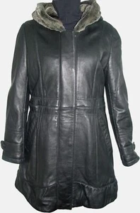 5000 Women New Black Sheep Soft Light Anorak Leather Coat With Fake Fur Hood - Picture 1 of 6