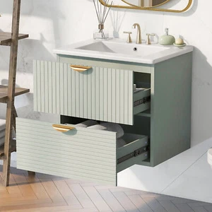 Modern 24 Inch Green Wall Mounted Bathroom Vanity with 2 Drawers Ideal for - Picture 1 of 9