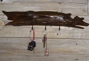 Rustikaler Holz Wandbehang Schlüssel/Handtuchhalter Handarbeit 3 Haken - Bild 1 von 6