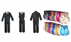 6 pcs Boys Kid Teens Formal Party Black Tuxedo Suit Pick up a Satin Vest 4T-20 - Picture 1 of 2