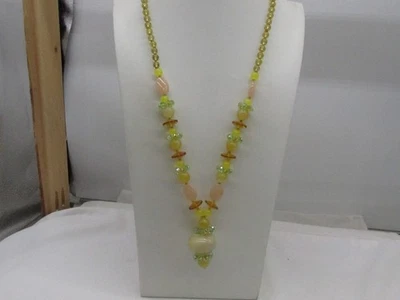 Yellow Jade Center, Yellow & Green Glass, Yellow Acrylic Necklace 28" Long #90I - Image 1 of 4