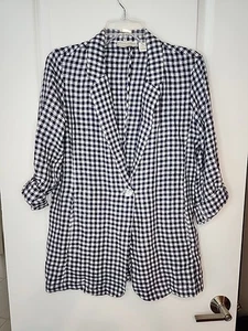 Cynthia Rowley Linen Gingham Blazer Womens Small Check Blue Jacket 90s Y2K NWOT - Picture 1 of 12
