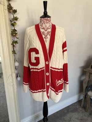 New GANT Red & Cream Oversized V Neck Logo Cable Knit Varsity Cardigan Size M - Image 1 of 4