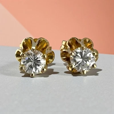 Vintage 14K Yellow Gold Retro Diamond Flower Stud Earrings 0.45ctw 1.4g. - Image 1 of 4