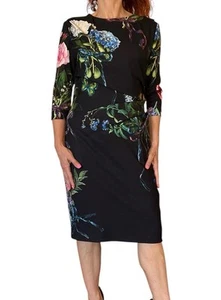 MONIQUE LHUILLIER DRESS BLACK SHEATH FLORAL BUTTERFLY HALF SLEEVE RUCHED SZ 12 - Picture 1 of 15