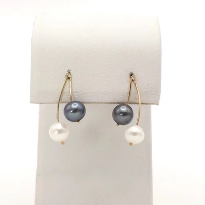 14k Gold Freshwater Pearl Drop Earrings Peacock Grey White JCM Foto 1 de 4