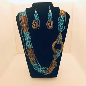 #2929 Beaded Earring and Necklace set, blue and brown seed beeds, - Picture 1 of 6