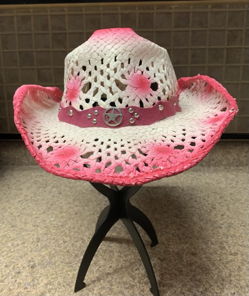 Соломенная розовая и белая ковбойская шляпа с розовой лентой с раковинами Western Express - Изображение 1 из 4