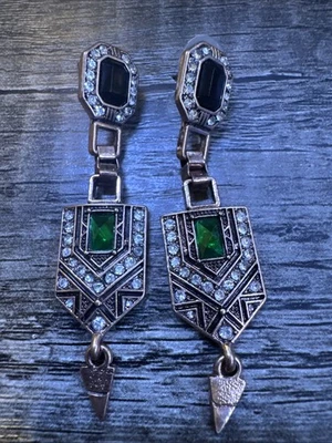 Pendientes Art Deco Renacimiento Estrás Negro Chevrones Joyería Art Deco Foto 1 de 4
