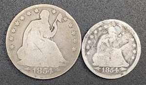1854-O U.S 50C Seated Liberty Silver Half Dollar + 1854 Seated Liberty Quarter - Picture 1 of 2
