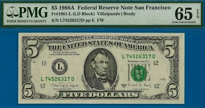 1988A $5 Federal Reserve Note PMG 65EPQ collectible San Francisco Fr 1981-L - Image 1 of 2