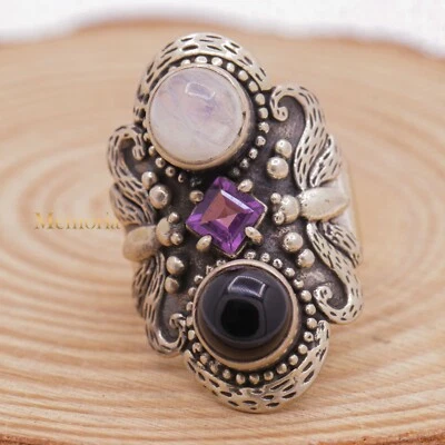 925 Plata de Ley Arcoíris Piedra Lunar,Amatista & Ónice Negro Anillo de Cóctel 9 - Imagen 1 de 4