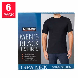  Kirkland Men's 6-pack Black 100% Cotton Crew Neck T-shirt FREE SHIPPING! - Picture 1 of 6