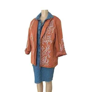 Bob Mackie Southwestern Orange Embroidered Women’s Textured Blazer - Picture 1 of 16