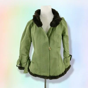 CHARLES CHANG-LIMA Olive Green Jacket W Brown Rabbit Trim, Size 6 - Picture 1 of 4
