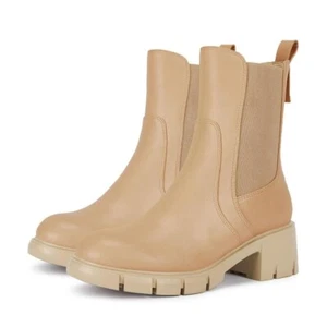 Coutgo Womens Ankle Boots Combat Chelsea Lug Sole Chunky Mid Heel Round Toe Boot - Picture 1 of 6