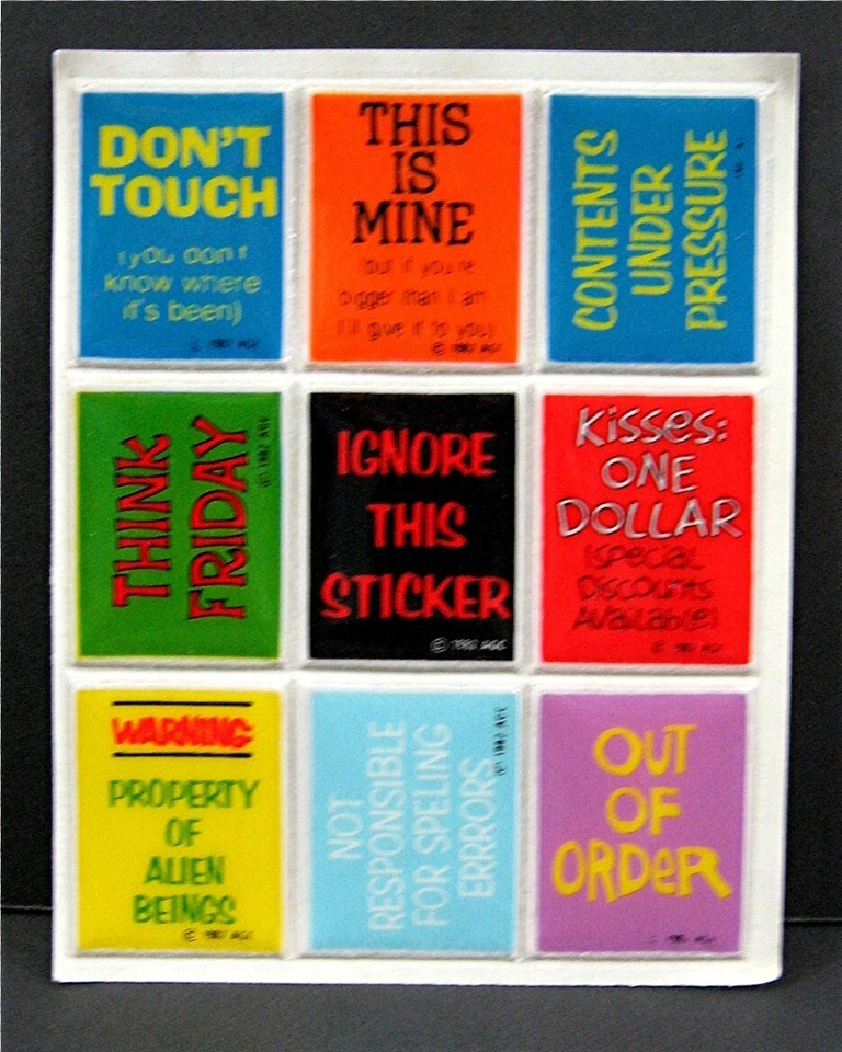 3 Comic Cute Sayings Signs 1982 AGC Puffy Sticker Sheets Old Store Stock - Image 1 of 1