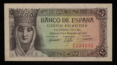1943 Spain 5 Pesetas - Pick 127a - SKU-CA1142 - Image 1 of 2