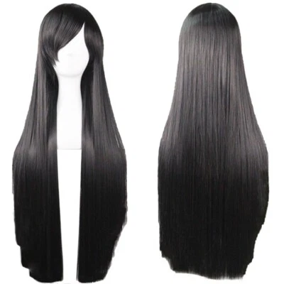Black Straight Sleek Long Full Hair Wig Side Bangs Cosplay 31 inch Long - Image 1 of 4