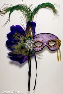 Mardi Gras Mask Purple Mesh Fabric Eye Mask Sequin Appliques Feathers & Ribbons - Picture 1 of 1