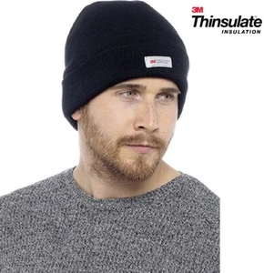 3M Thinsulate™ Lined Mens Black Winter Beanie Hat Thermal Fleece Knitted Cap - Picture 1 of 3