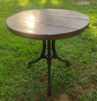 Antique Industrial Iron Table Tri-Pod Base Round Wooden Top Old Tavern Table - Image 1 of 4