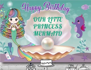 MERMAID RAINBOW PERSONALISED BIRTHDAY PARTY BANNER BACKDROP DECORATION - Picture 1 of 4