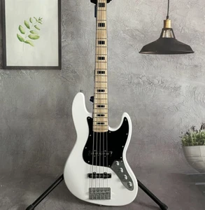 Custom Geddy Lee 5 Strings Electric Jazz Bass Guitar Chrome Parts Fixed Bridge - Picture 1 of 7