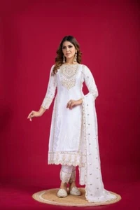 Designer Chinnon Silk Salwar Kameez With White Dupatta For Women/Girls Wear - Picture 1 of 9