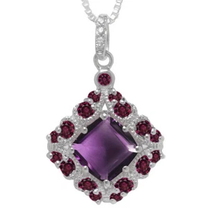 Natural Amethyst, Garnet, Cushion Cut February Gemstone Sterling Silver Pendant - Picture 1 of 2