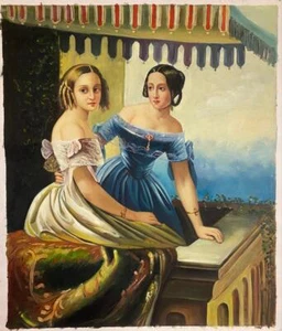 Hand Painted Oil Painting on Canvas - Two Ladies on Balcony Portrait - 24" x 20" - Picture 1 of 5