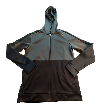 Chaqueta deportiva Reebok para mujer grande con capucha negra gris cremallera completa bolsillo manga larga Foto 1 de 4